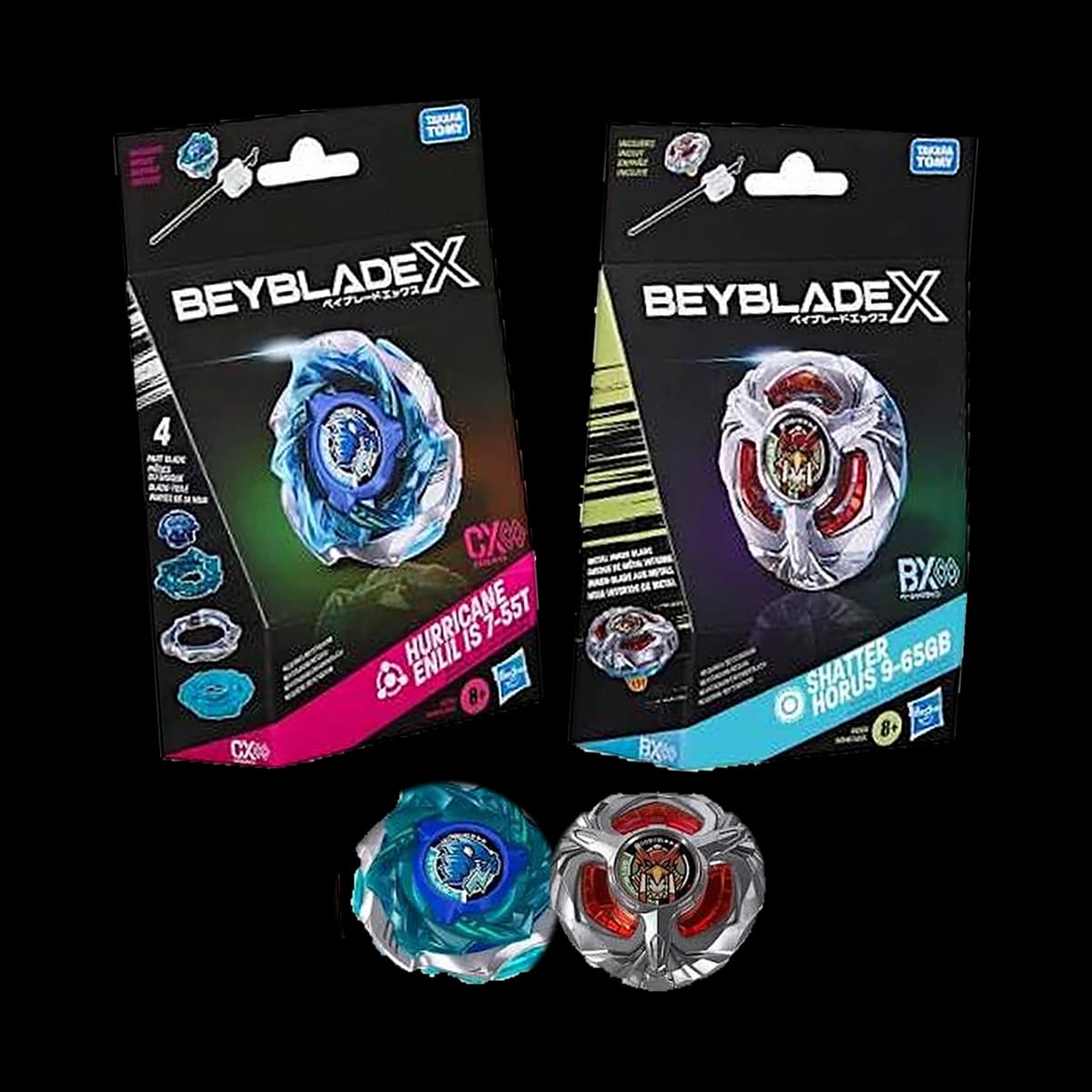 Duo Beyblade X: confezioni Hurricane Enlil IS 7-55T e Shatter Horus 9-65GB con le due trottole
