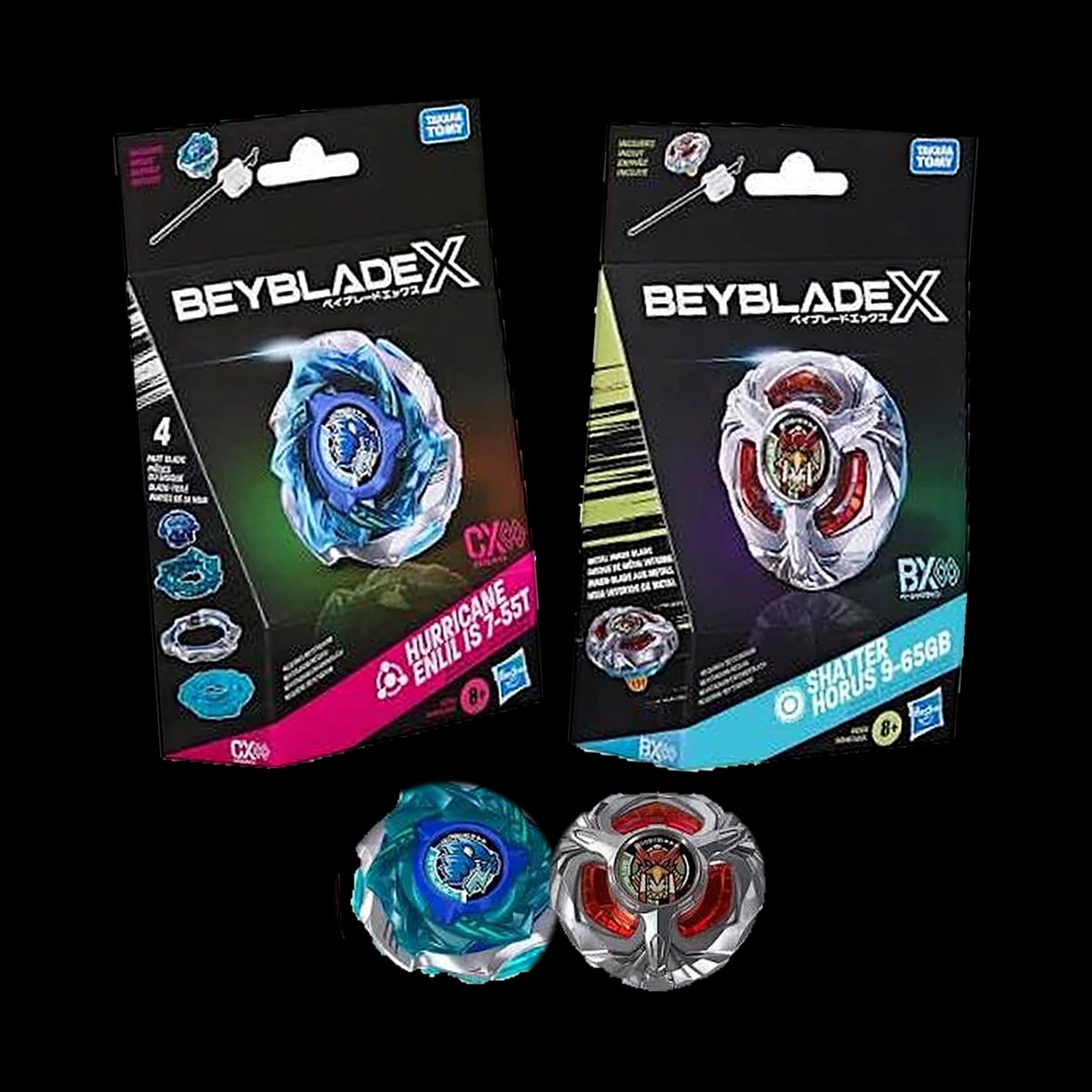 Duo Beyblade X: confezioni Hurricane Enlil IS 7-55T e Shatter Horus 9-65GB con le due trottole