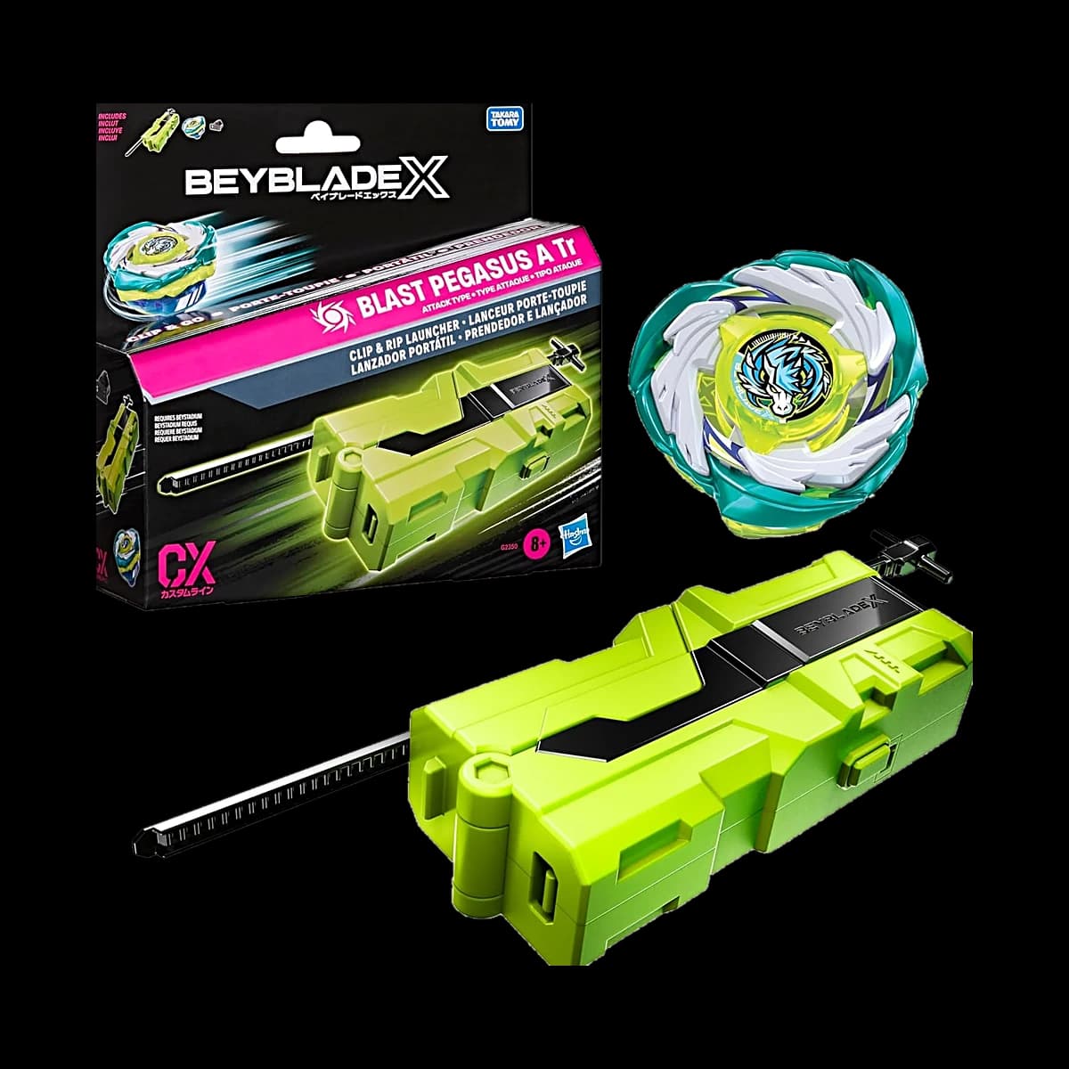 Beyblade X Blast Pegasus A Tr con Clip & Rip Launcher verde e trottola
