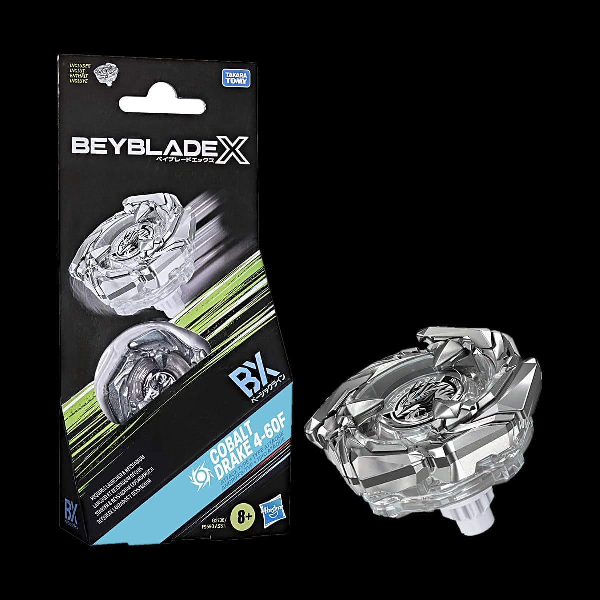 Confezione Beyblade X Cobalt Drake 4-60F con la trottola argentata trasparente accanto